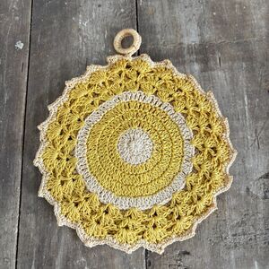 Vintage Handmade Crochet Potholder Mustard Yellow Cream Trivet